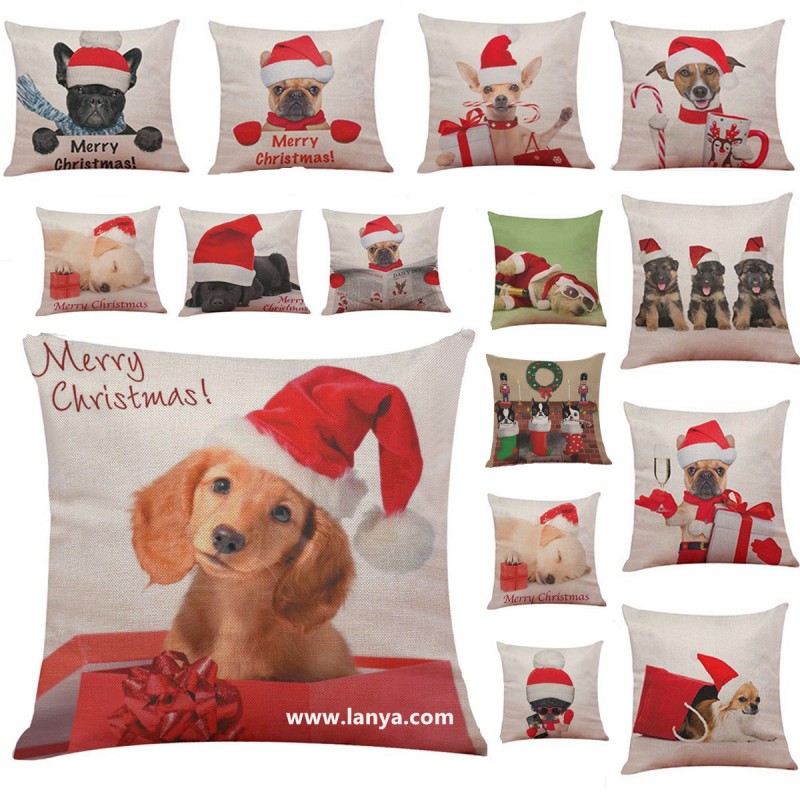 Linen Cotton Throw Pillows Christmas Dog Cat Pet Santa Printed