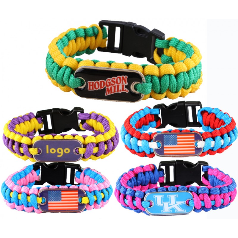 Knitted Paracord Survival Bracelet With Plastic Buckle & Custom Logo Metal