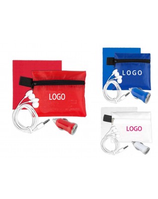 Mobile Tech Home and Auto Charging Kit with Earbuds & Cloth